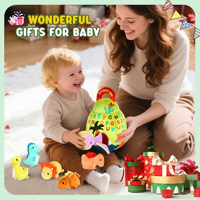 Baby Toys 6-12 Months - Soft Dinosaur Toy with Rattle, Crinkle Paper, Squeaker, Mirror - Baby Sensory Toys for 6 Month Old Developmental, Baby Montessori Toys for 1 Year Old Boy Girl Gifts