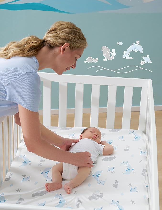 Momcozy Muslin Fitted Mini Crib Sheets, 38''x26'', 2 Pack Soft Breathable Natural Cotton Baby Mattress Sheet, 360° Mattress Wrapping No Slip Boys Girls Neutral Toddler Bed Sheet, Ocean Sound