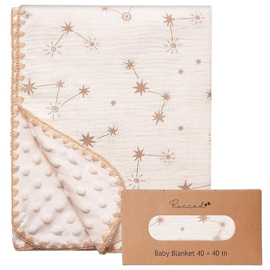 Baby Blanket with Dotted Double Layers Muslin Soft Swaddle Blanket Cotton Neutral Receiving Blankets for Toddler Baby Quilt Throw Blanket Bed Throw Blanket for Newborn Unisex 40x40 Inch-Constellation