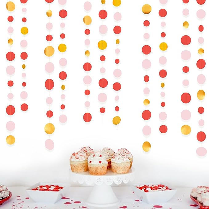 Gold Red Pink Party Decorations Circle Dots Garland Metallic Gold Light Pink with Watermelon Red Hanging Polka Dot Streamer for Women Girl Birthday Bridal Shower Wedding Engagement Hen Party Supplies