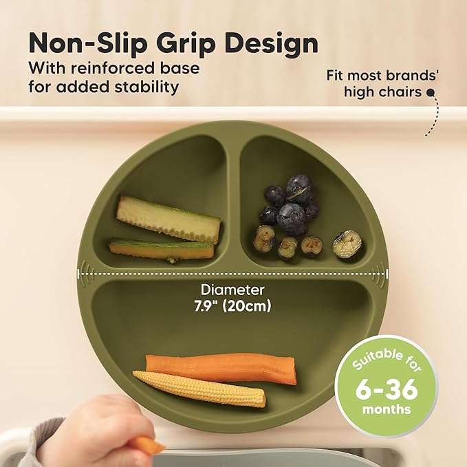 KeaBabies Suction Plates for Baby, Toddler - 3-Pack 100% Silicone Toddler Plates with Suction, Divided, BPA-Free Baby Led Weaning Essentials for Kids, Dishwasher, Microwave Safe, Durable (Olives)