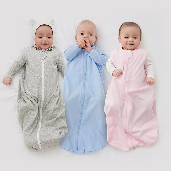 Duomiaomiao 3 Pack Baby Sleep Sack 100% Organic Cotton Lightweight Breathable Comfy Toddler Sleeping Sack (0.5tog Gray&Blue&Pink, Large)