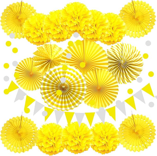 ZERODECO Party Decoration, 21 Pcs Yellow Hanging Paper Fans Pom Poms Flowers, Garlands String Polka Dot and Triangle Bunting Flags for Minnie Mouse Birthday Parties Baby Showers Wedding