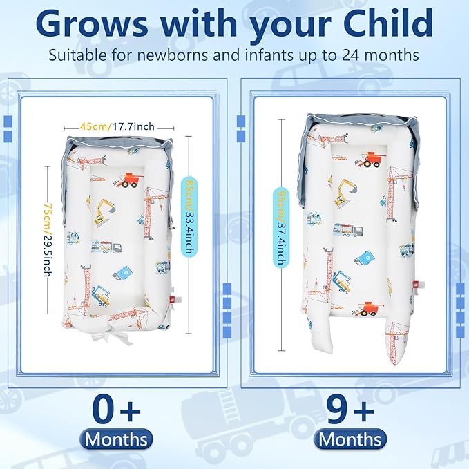 Baby Lounger for Newborn to Toddler 0-24 Months - Portable Infant Lounger with Breathable Cotton, Adjustable Size & Lengthen Space Travel Strap for Home, Outdoor (4.Car)