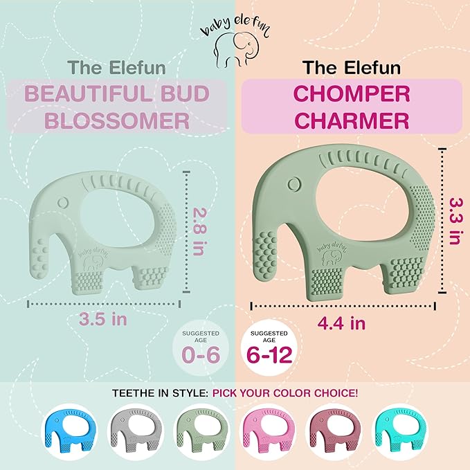 Teethers for Babies 6-12 Months - Baby Elefun 5x Pain Relief Toddler Teether. No More Ouch for Mom Anti Bite Trainer. Nurtures Grasping, Passing, Hand Eye Coordination. Silicone Baby Teething Toy Ring