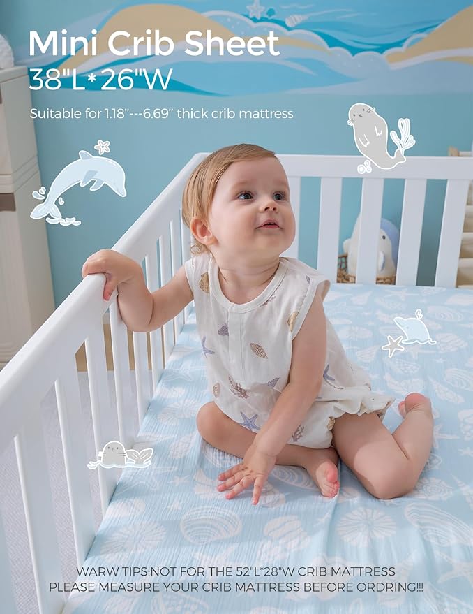Momcozy Muslin Fitted Mini Crib Sheets, 38''x26'', 2 Pack Soft Breathable Natural Cotton Baby Mattress Sheet, 360° Mattress Wrapping No Slip Boys Girls Neutral Toddler Bed Sheet, Ocean Sound
