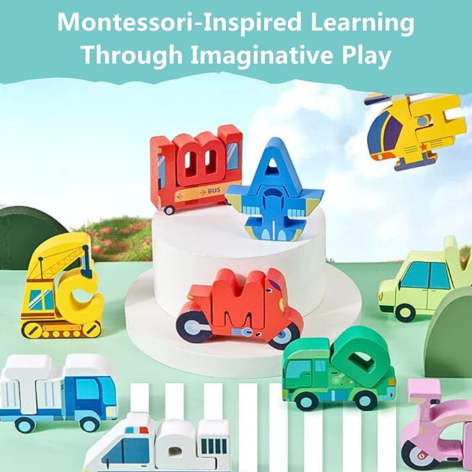 52 Pieces Wooden Alphabet Transportation Puzzle for Kids Ages 3+, ABC Learning Toys with Vehicles, Montessori Educational Toy for Toddlers, CPC Certified Alphabet Blocks for Boys and Girls