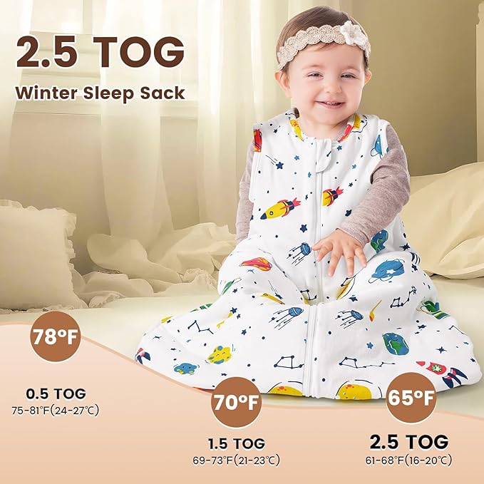 PHF 100% Cotton Baby Sleep Sack 12-18 Months, 2.5 TOG Winter Baby Wearable Blanket with 2-Way Zipper, Warm Comfy Quilted Sleeping Bags, Infant Sleeping Sack for Newborn Boys, Large Size, Space