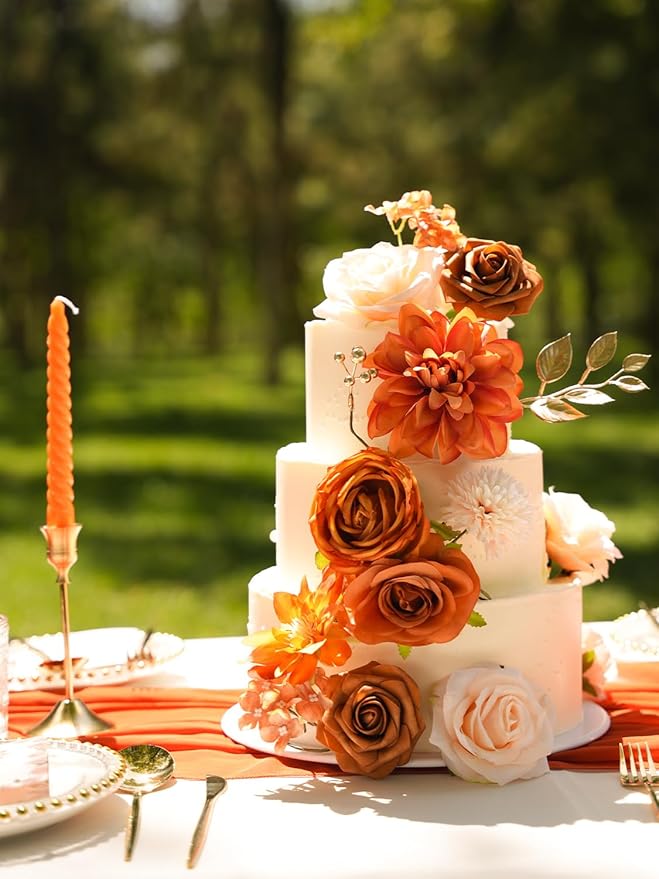 RICHMYC Artificial Flowers Terracotta Wedding Silk Fall Fake Flowers for Decoration Orange Cake Flowers with Stems for Wedding Bouquets Centerpieces Baby Shower Fall Decor