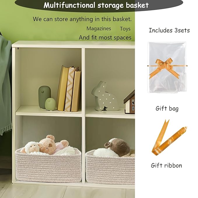 COMFY-HOMI 13" x 8.5" x 5.1" Storage Baskets for Organizing | Cotton Rope Woven Basket | Toy Storage Bin Box | Basket for Shelves, Closet Organizer Bin, Decorative Closet Shelf, 3 Pack, All brown