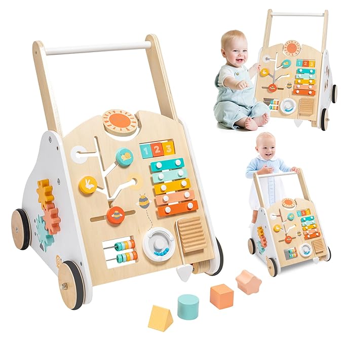 Wooden Baby Walker - Baby Push Walker with Music Box - Toddler Walker Push Toy with Adjustable Speed - Learning Activity Walker - Activity Center for Babies Boys and Girls