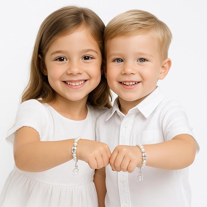 925 Sterling Silver Initial Bracelet, White Pearl Charm Bracelet with Letter Charms, Baby jewelry, Baptism Gifts for Girl or Boy, Birthday Gifts, Bracelets for Girls