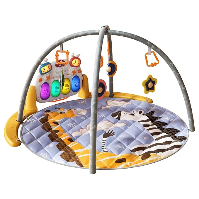 TUMAMA Remote Control Baby Play Mat Large, Tummy Time Mat with Piano, Baby Activity Mat with 4pcs Hanging Baby Rattle, Baby Gym with Lights and Music, Newborn Toys Unisex