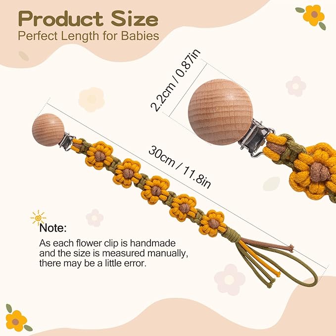 Pacifier Clip for Boys Girls Flower Daisy Macrame Pacifier Holder Leash Boho Wooden Clips Handmade Braided Cotton Paci Clip Baby Shower Birthday Gift