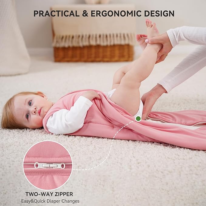 Rayon Made From Bamboo Baby Sleep Sack, SuperSoft 6-12 Months 1.0 Tog Baby Wearable Blanket, Sleeping Sack for Toddler Infant with 2-Way Zipper, Lightweight & Roomy, Pink