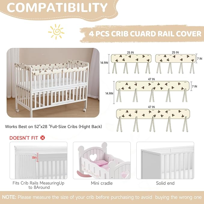 SZRUNZHU4pcs New Teething Edge Crib Rail Cover&Corner Guard Coverage Straps,Reversible Guardrail Cover Protector for Boys Girls (2 Long 2 Short Bear)