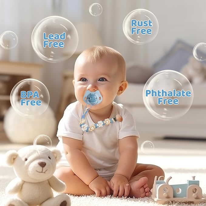 Pacifier Clip for Boys Girls Floral Daisy Macrame Baby Paci Clip Pacifier Holder Leash Boho Wooden Clips Handmade Braided Cotton Binky Clips (2pack:Daisy A & Blue Daisy B)