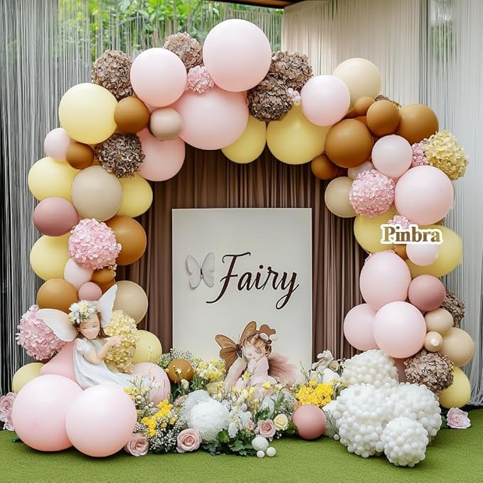 Pink Yellow Brown Balloon Garland Double Stuffed Pastel Light Pink Yellow White Sand Balloons Balloon Arch Kit for Birthday Baby Shower Wedding Bee Bear Theme Fall Party Decorations