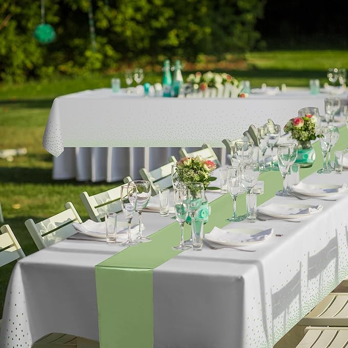 8Pack Plastic Tablecloths and Satin Table Runner Set Disposable White and Sage Green Dot Table Cloth Green Satin Table Runner for Wedding Birthday Baby Shower Anniversary Holiday Party Decorations