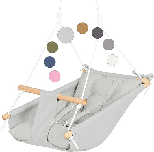 CaTeam Canvas Toddler Swing – Indoor/Outdoor Hanging Chair for Patio & Playroom with Safety Belt – Wooden Baby Seat for Ages 12+ Months – Gray