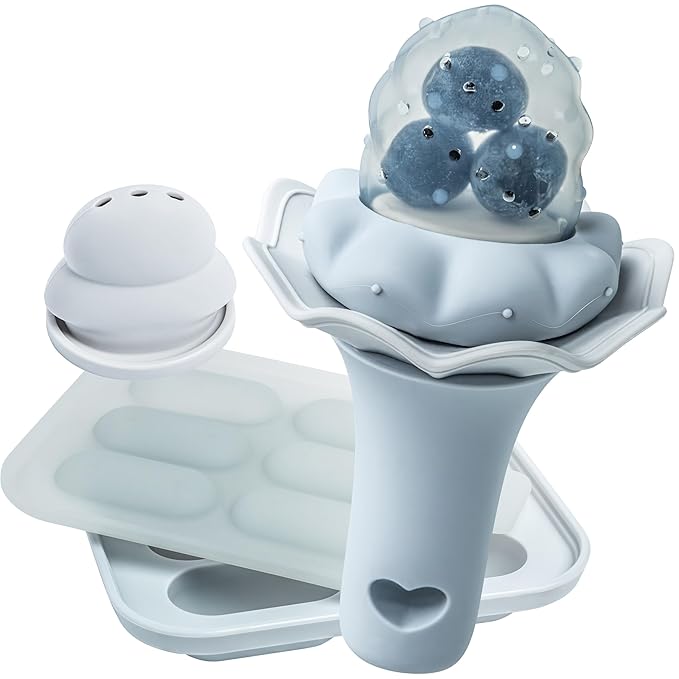 Moonkie Baby Fruit Feeder with Freezer Tray, Breastmilk Popsicle Molds for Teething Relief, BPA Free Silicone Food Feeder for Infant Self Feeding, Two Pouches, Baby Shower Gifts 4 Months+, 1 Pack