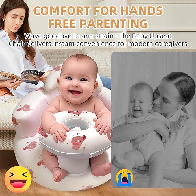 Inflatable Baby Seat with Tray, Blow up Infant Chair for Babies 3 Months and up, Comfortable Baby Floor Seats for Sitting Up, Built in Air Pump with Back Support Toddler Waterproof Sofa (Pink Rabbit)