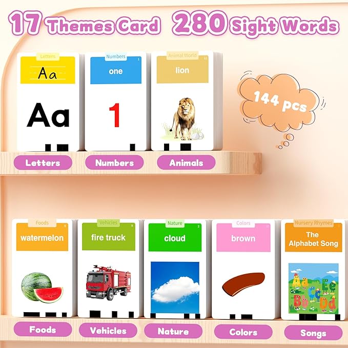 Toddlers Talking Flash Cards with American Accent & 288 Sight Words, Speech Therapy Toys for 1 2 3 4 5 6 Years Old Boys and Girls, Learning Montessori Sensory kit, Kids Birthday Gifts (Pink)