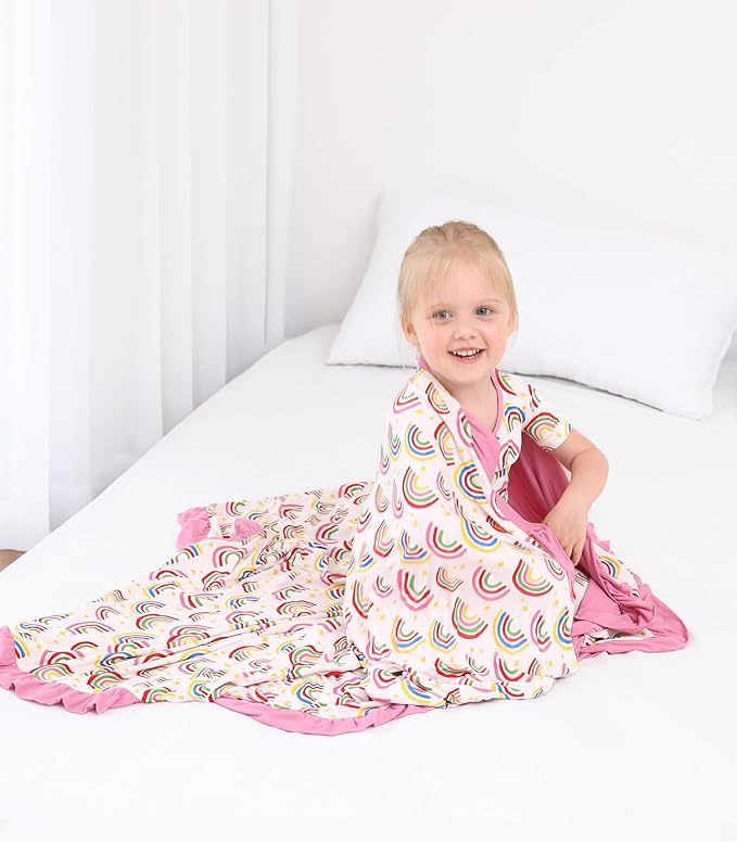Premium Baby Blanket for Girls, Stretchy Quilt, Soft Crib Bedding for Newborn Baby and Toddler, Ruffle Nursery Blanket for Kids, Viscose Made from Bamboo, 50''x50'' Rainbow