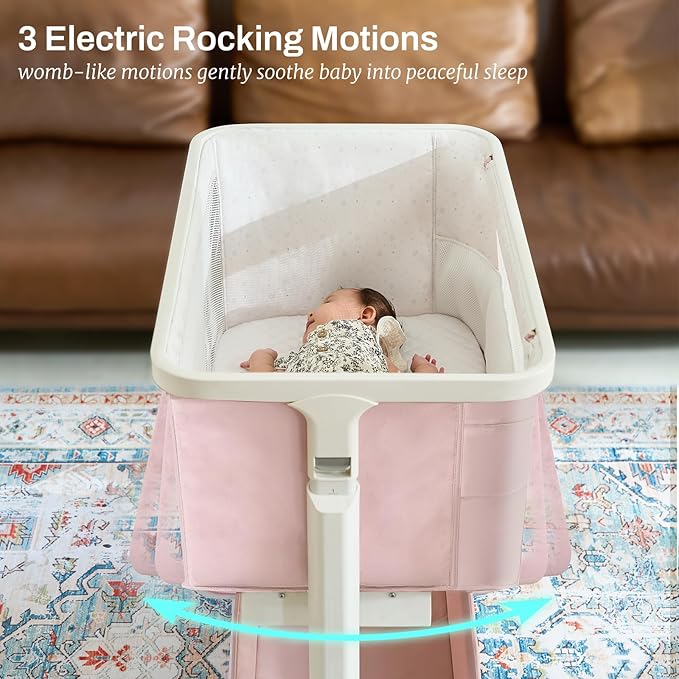 Electric Bassinet Baby Cradle 3 Rocking Motion, 3 in 1 Baby Bassinets for Newborn with 5 Heights Adjustable, Girl/boy Automatic Rolling Bedside Sleeper, Pink