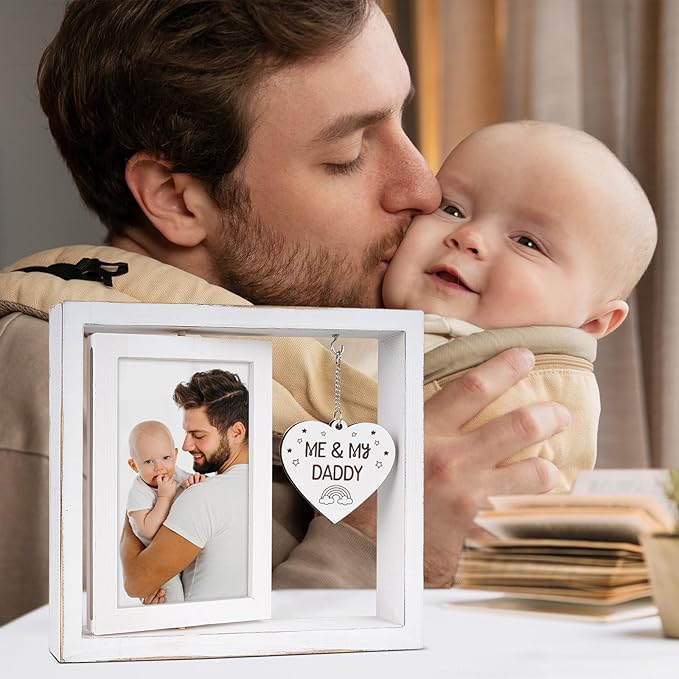 Me and My Daddy Picture Frame,New Dad Gift,Baby Gifts from Daddy,Room Decor Vintage Style,Baby Gender Neutral Rotating Photo Frame 4x6
