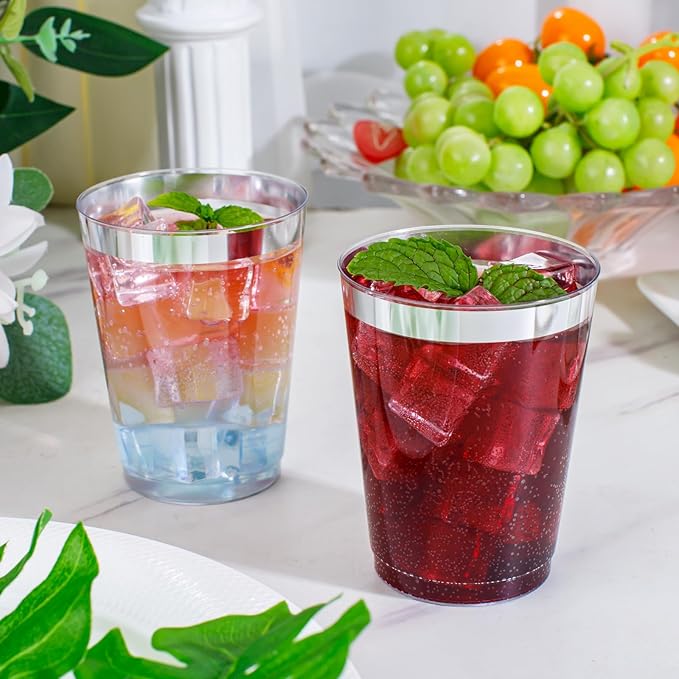 supernal 200pcs 10oz Silver Plastic Cups,Disposable Wine Glasses Cocktail Glasses Premium Cups,Party Cocktails Tumblers,Silver Rimmed Plastic Cup for Party,Wedding, Birthday,Thanksgiving Day