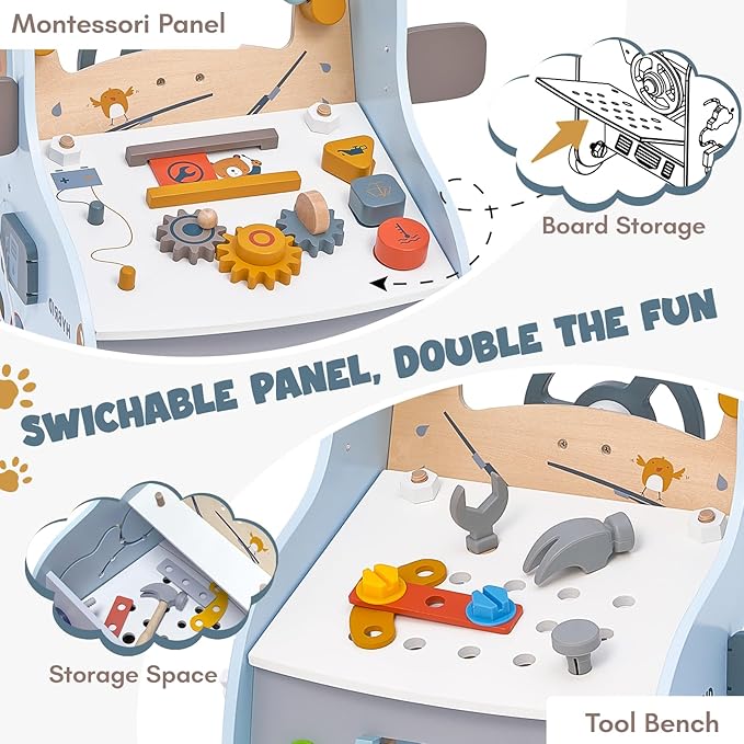 Wooden Baby Push Walker with Activity Center โ Car Traffic Theme Tool Bench Shape Sorter, Steering Wheel, Gears, Beads, Montessori Toy for Toddlers 1-3, Walking Learning Baby Push Toy Speed Adjustable