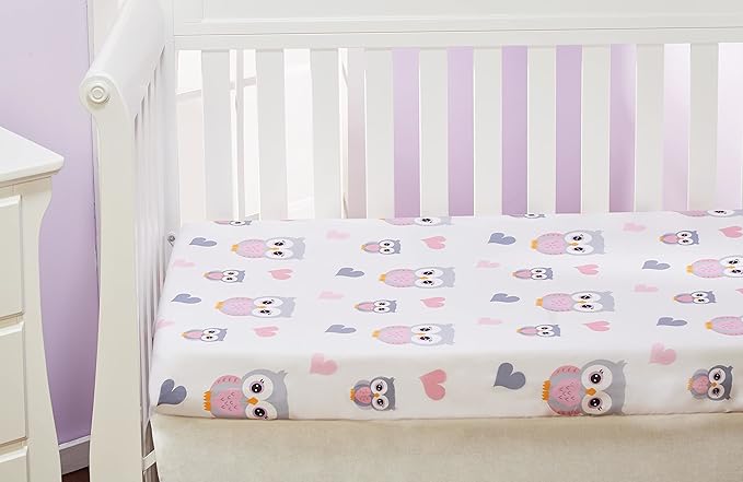 EVERYDAY KIDS Baby Girl Fitted Crib Sheet Sweet Owls, 100% Soft Breathable Microfiber Baby Sheet, Fits Standard Size Crib Mattress 28in x 52in, Nursery Sheet
