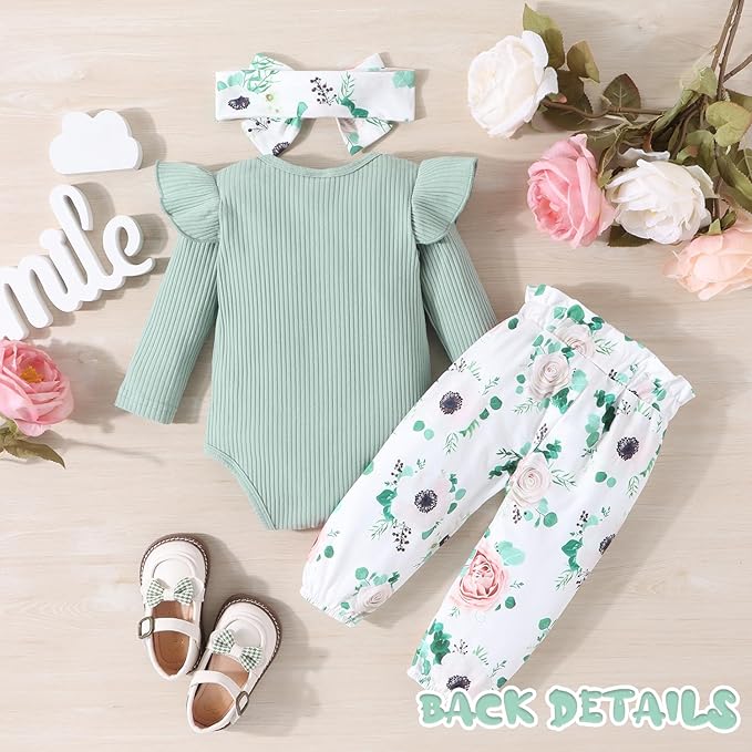 Baby Girl Clothes Newborn Infant Outfits Ruffle Romper+ Floral Pants + Cute Headband Sets for Girls