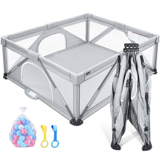 ANGELBLISS Baby Playpen, Foldable Playpen for Babies and Toddlers, Indoor & Outdoor Baby Activity Center with Visible Breathable Mesh, Portable Play Yard with 2 Handlers+50 Balls (Grey, 71 * 71)