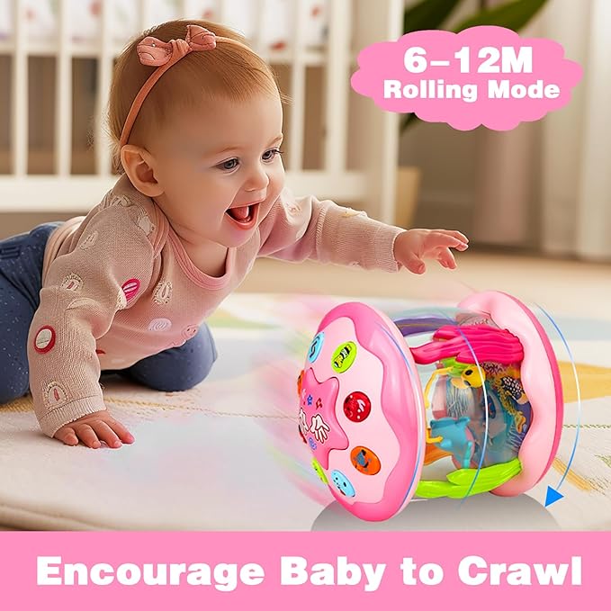 Hapyland Baby Toys 6-12 Months Girl Gifts: Babies Ocean Rotating Light Up Musical Toys for Toddlers 1 2 Year Old Crawling Learning Infant Toy 6 7 8 9 10 11 12 Months Old Baby Girl Gift (Pink)