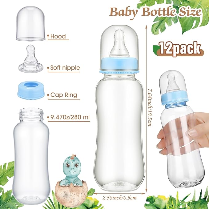 TrelaCo Dinosaur Cool Baby Shower Games Bottle Chug Sign Wooden Green Leaf Gift Sets Gender Reveal Party Favors and 12 Pcs Baby Bottle Shower Favor for Game Gender Reveal