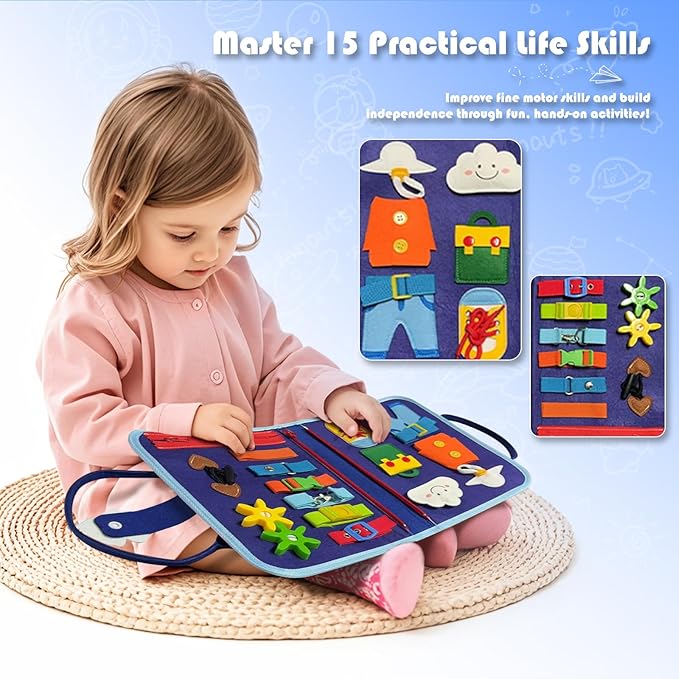 Toddler Busy Board Montessori Toys - Quiet Book for Boys Girls Toddlers Birthday Gift, Busy Book for Learning Fine Motor Skills Educational Activities, Sensory Travel Toy for Airplane & Car (Blue)