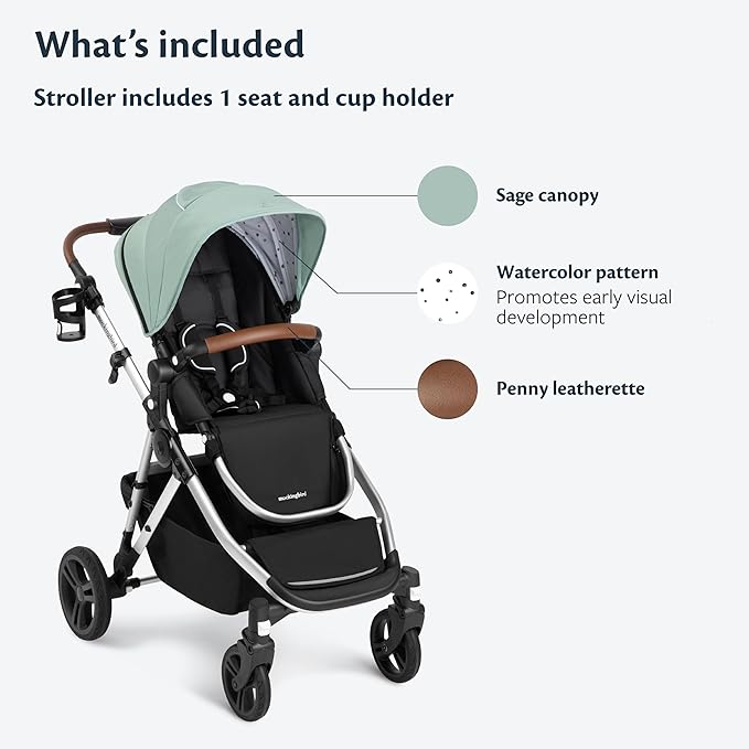 Mockingbird Single-to-Double Stroller 2.0 - Modular Full-Size Baby Stroller for 1, 2 or 3 Kids - Includes Cup Holder - Sage