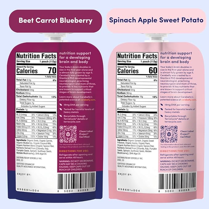 Cerebelly Organic Baby Food Pouches – Organic Veggie and Bone Broth Baby Food | 16 Nutrients, No Added Sugar, Non-GMO | Blended Toddler Food | 4 Ounce BPA-Free Baby Foodes | 6 Flavors | 8 Pack