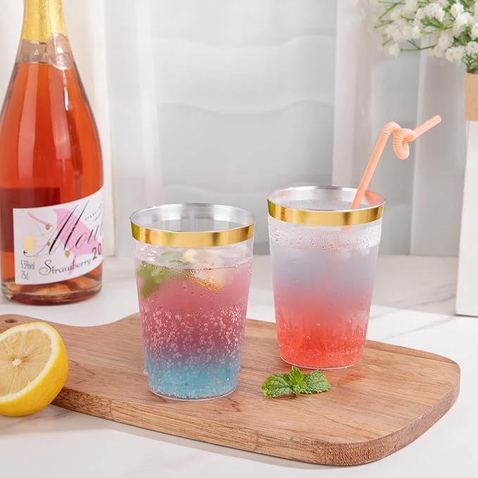 supernal 200pcs 12oz Gold Plastic Cups,Disposabe Cup For Party,Plastic Cocktail Glasses, Clear Tumblers with Gold,Wedding Cups Disposable