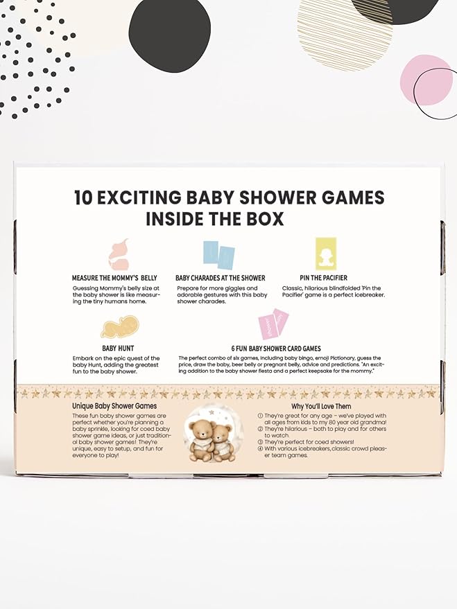 Baby Shower Games - 10 Hilarious Games for 25 Guests | Includes Mini Hunt, Mommy Belly Measure, Card Games, Charades, Pin The Pacifier, and More!