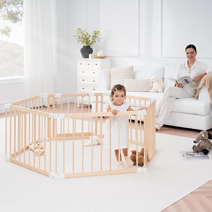 Wooden Playpen & Play Yards for Babies and Toddlers, Foldable Wood Baby Play Fence with Locking Gate, Kids Activity Area Center Indoor Outdoor, Pinewood