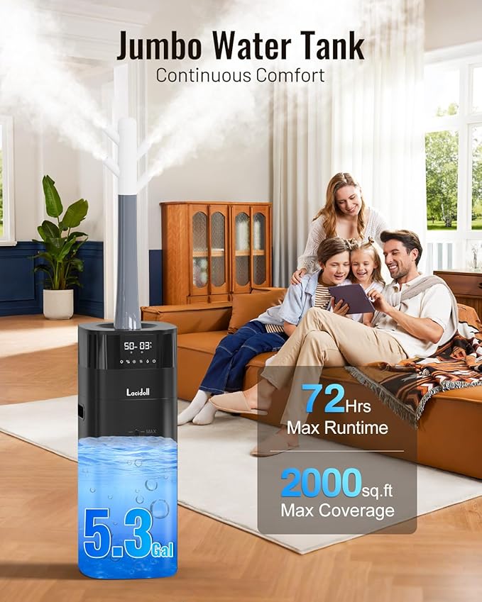 Humidifier Large Room 5.3Gal/20L Cool and Warm Mist Humidifiers for Home 2000 sq ft, Whole House Humidifiers with Diffuser Extended Tube, Air Humidifier for Bedroom Nursery Baby Plants, Black
