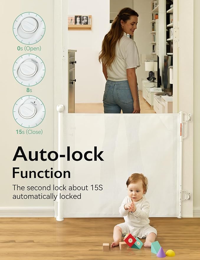 Momcozy Auto Lock Retractable Baby Gate, Safety Gate for Baby and Pet, 33โ Tall, Extends to 55โ Wide, Mesh Safety Dog Gate for Stairs, Indoor, Outdoor, Doorways, Hallways