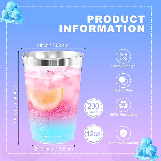 supernal 200pcs Silver Plastic Cups,12oz Clear Plastic Cups Tumblers,Silver Rimmed Cup,Elegant Party Cup,Premium Disposable Cup,Clear Party Cup,Wine Glasses for Party