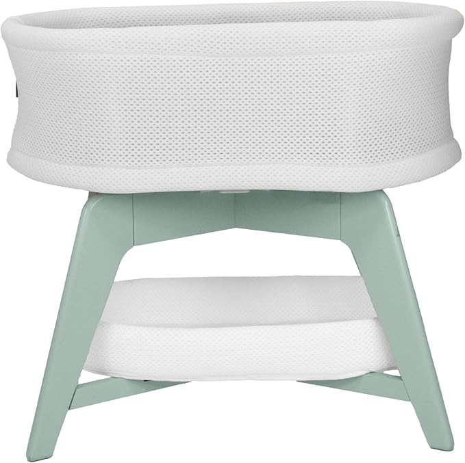 Evi Smart Baby Bassinet Beside Sleeper with Auto-Glide, Ambient Nightlight & Sensory Sounds, Compatible with Alexa and Google Home, Includes 2 Sheets (White w/Mint Green Base)