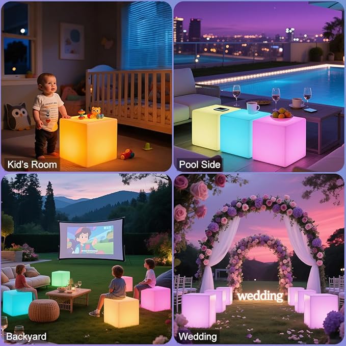 16'' Cordless LED Cube Chair Light, LED Cube Seat for Adult Kid, RGB Color Changing Waterproof Glowing Chair w/Remote, Rechargeable Night Light Mood Lamp Decorative Lights for Home Patio Garden Party