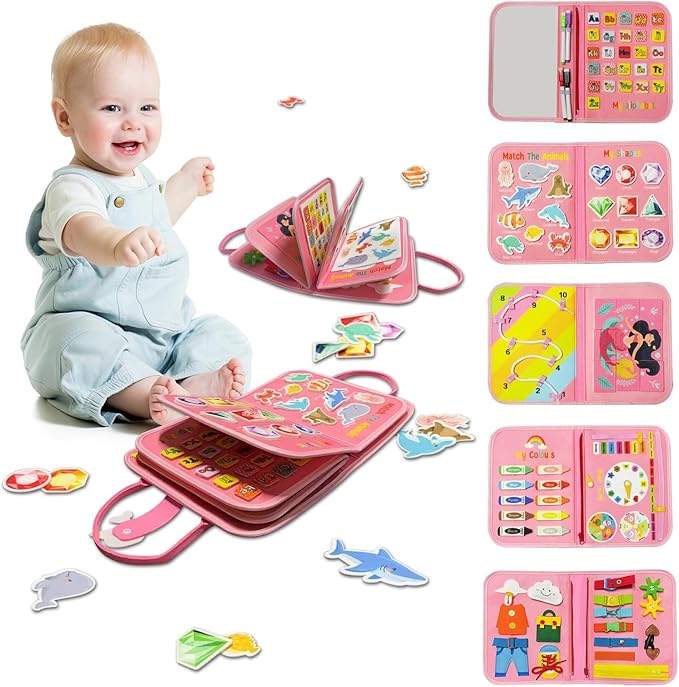 Toddler Busy Board Montessori Toys - Quiet Book for Boys Girls Toddlers Birthday Gift, Busy Book for Learning Fine Motor Skills Educational Activities, Sensory Travel Toy for Airplane & Car (Pink)