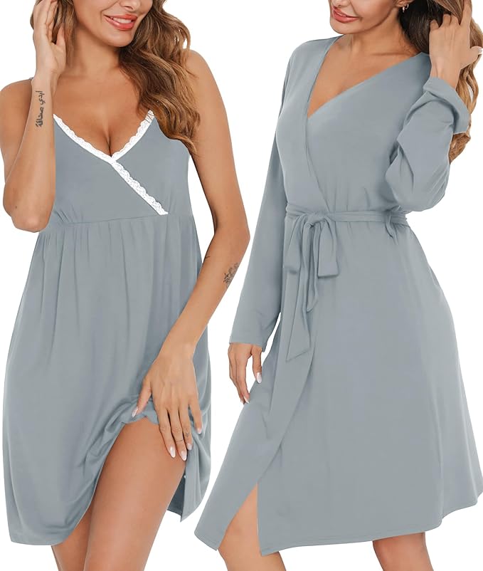SWOMOG Womens Maternity Robe 2 Piece Nursing Nightgown for Breastfeeding 3 in 1 Labor Delivery Nursing Dress Lace Bathrobe